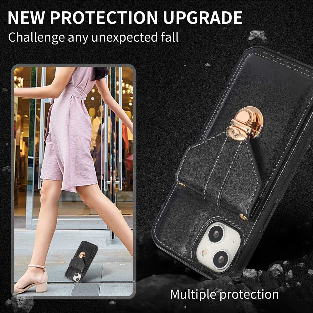 For iPhone 14 6.1 inch Anti-scratch Phone Cover PU Leather+TPU Card Holder Kickstand Phone Case with Shoulder Strap