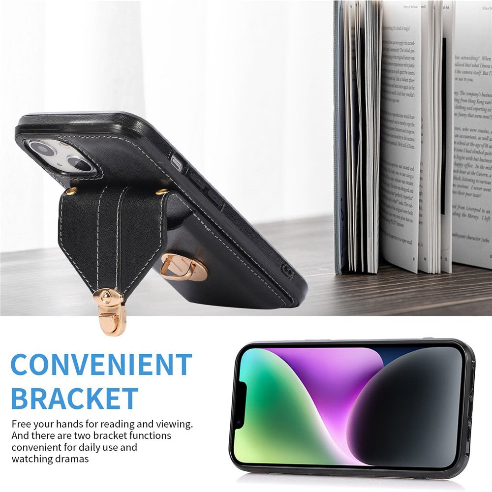 For iPhone 14 6.1 inch Anti-scratch Phone Cover PU Leather+TPU Card Holder Kickstand Phone Case with Shoulder Strap