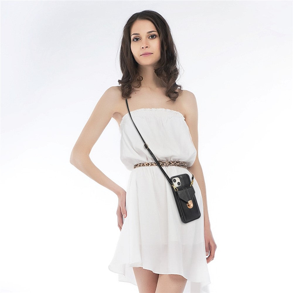 For iPhone 14 6.1 inch Anti-scratch Phone Cover PU Leather+TPU Card Holder Kickstand Phone Case with Shoulder Strap