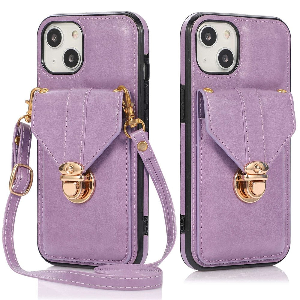 For iPhone 14 6.1 inch Anti-scratch Phone Cover PU Leather+TPU Card Holder Kickstand Phone Case with Shoulder Strap