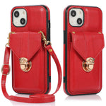 For iPhone 14 6.1 inch Anti-scratch Phone Cover PU Leather+TPU Card Holder Kickstand Phone Case with Shoulder Strap