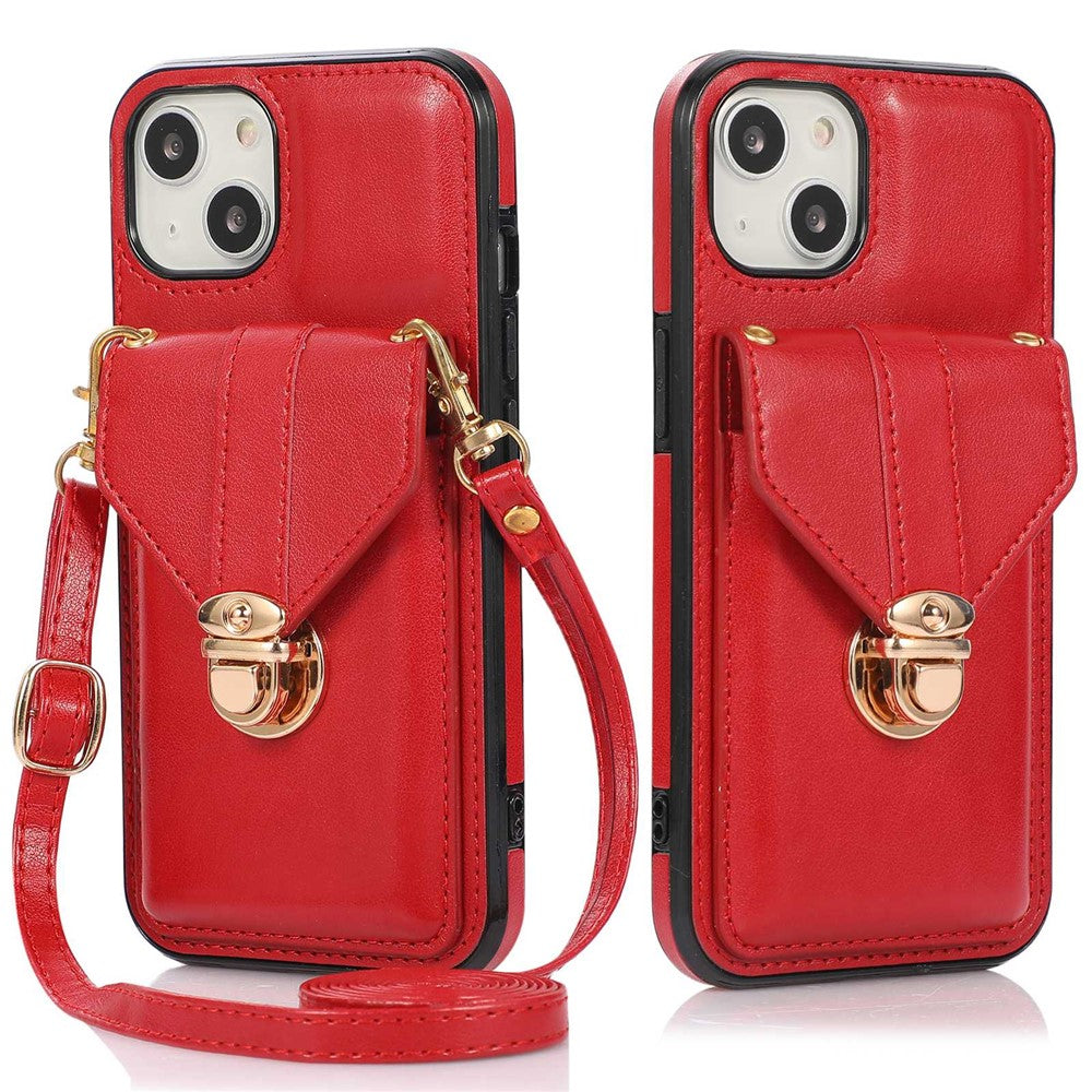 For iPhone 14 6.1 inch Anti-scratch Phone Cover PU Leather+TPU Card Holder Kickstand Phone Case with Shoulder Strap