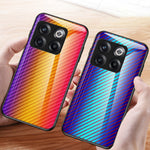 OnePlus 10T 5G/Ace Pro 5G Kolfiberstruktur Härdat Glasskal Hårt PC Mjukt TPU Reptåligt Stötsäkert Skal