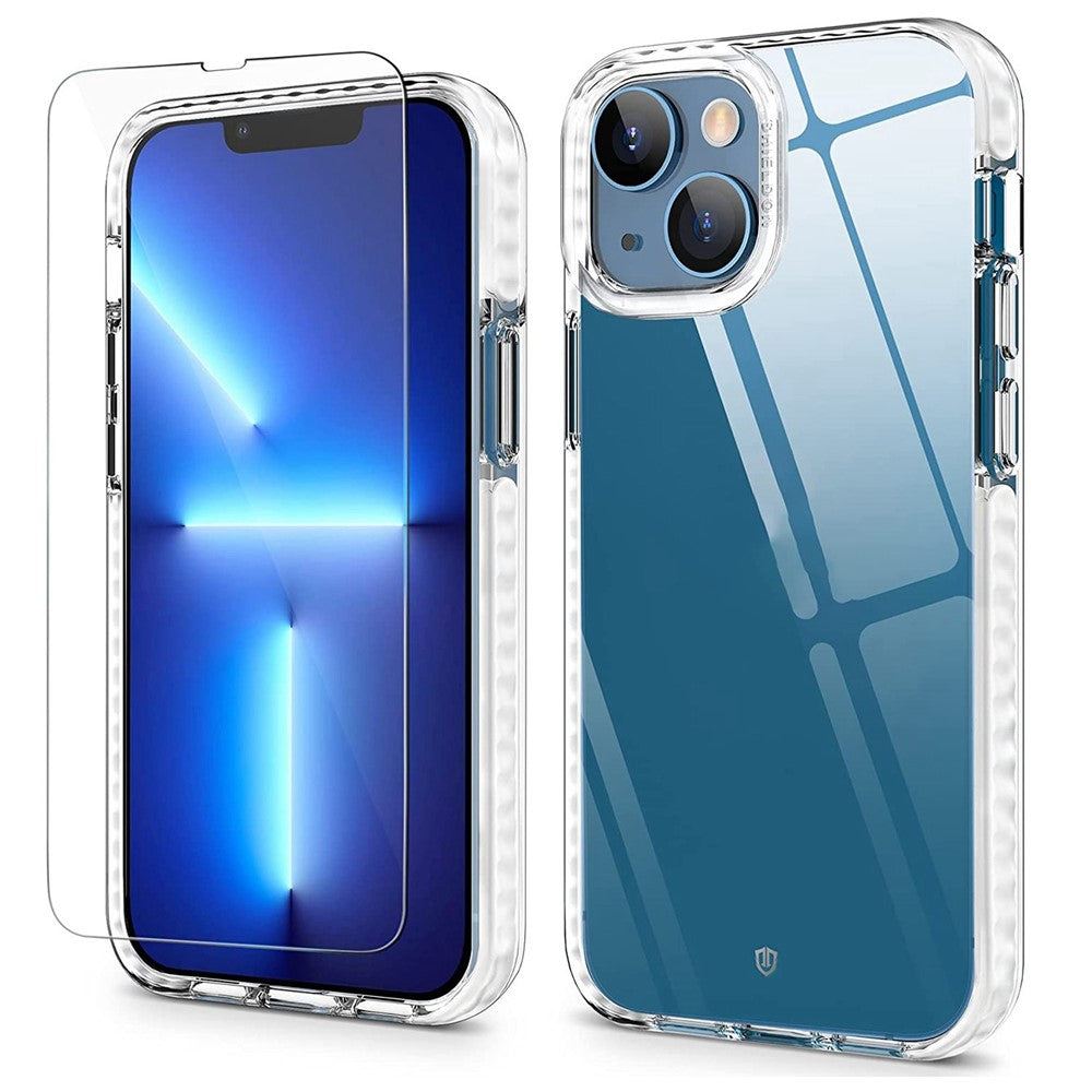 Klar telefoncover til iPhone 14 6,1 tommer, akryl + TPU anti-faldcover med skærmbeskytter i hærdet glas