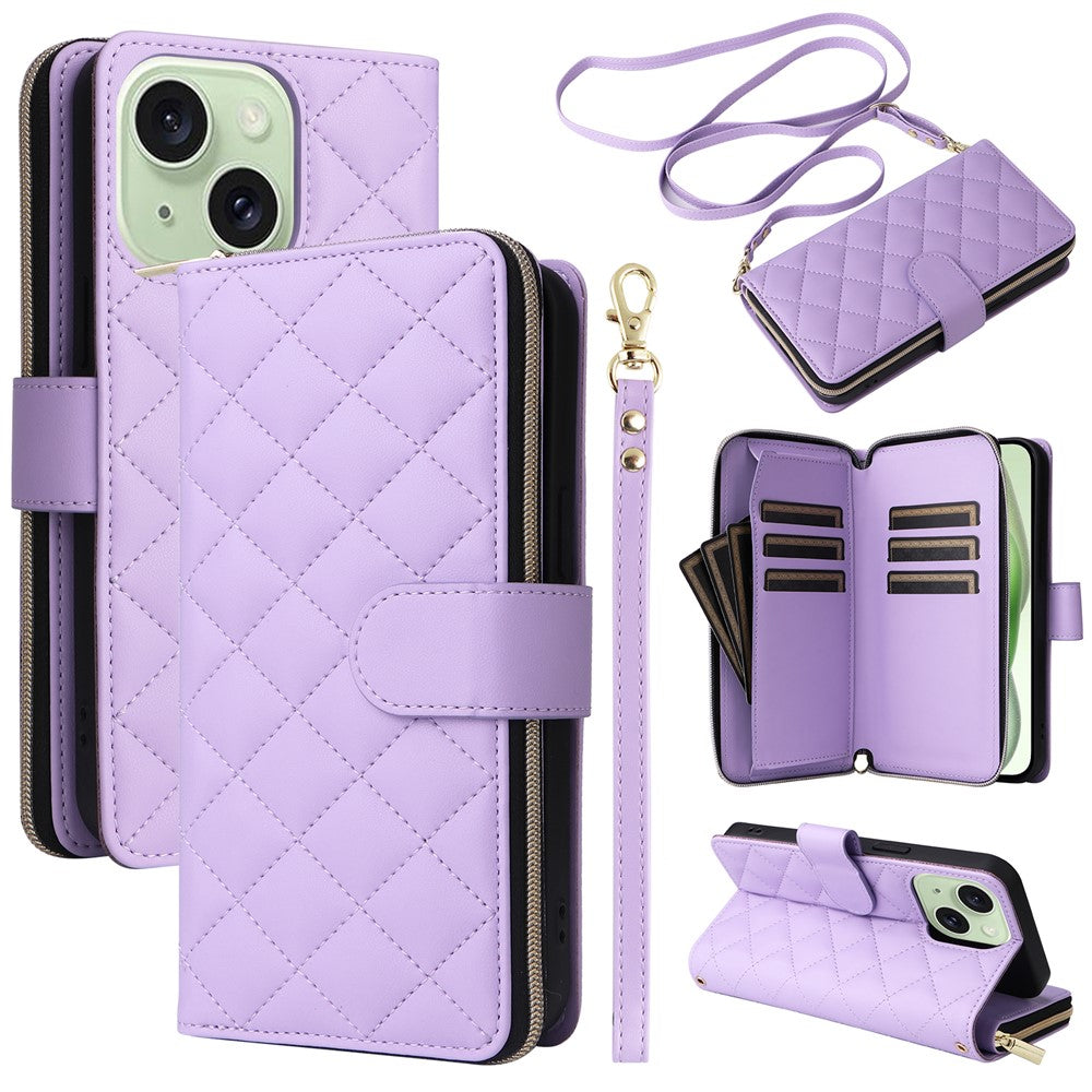 Til iPhone 15 Plus / 14 Plus Cover Pung PU Læder Diamantmønster Stativ Anti-Fald Telefoncover
