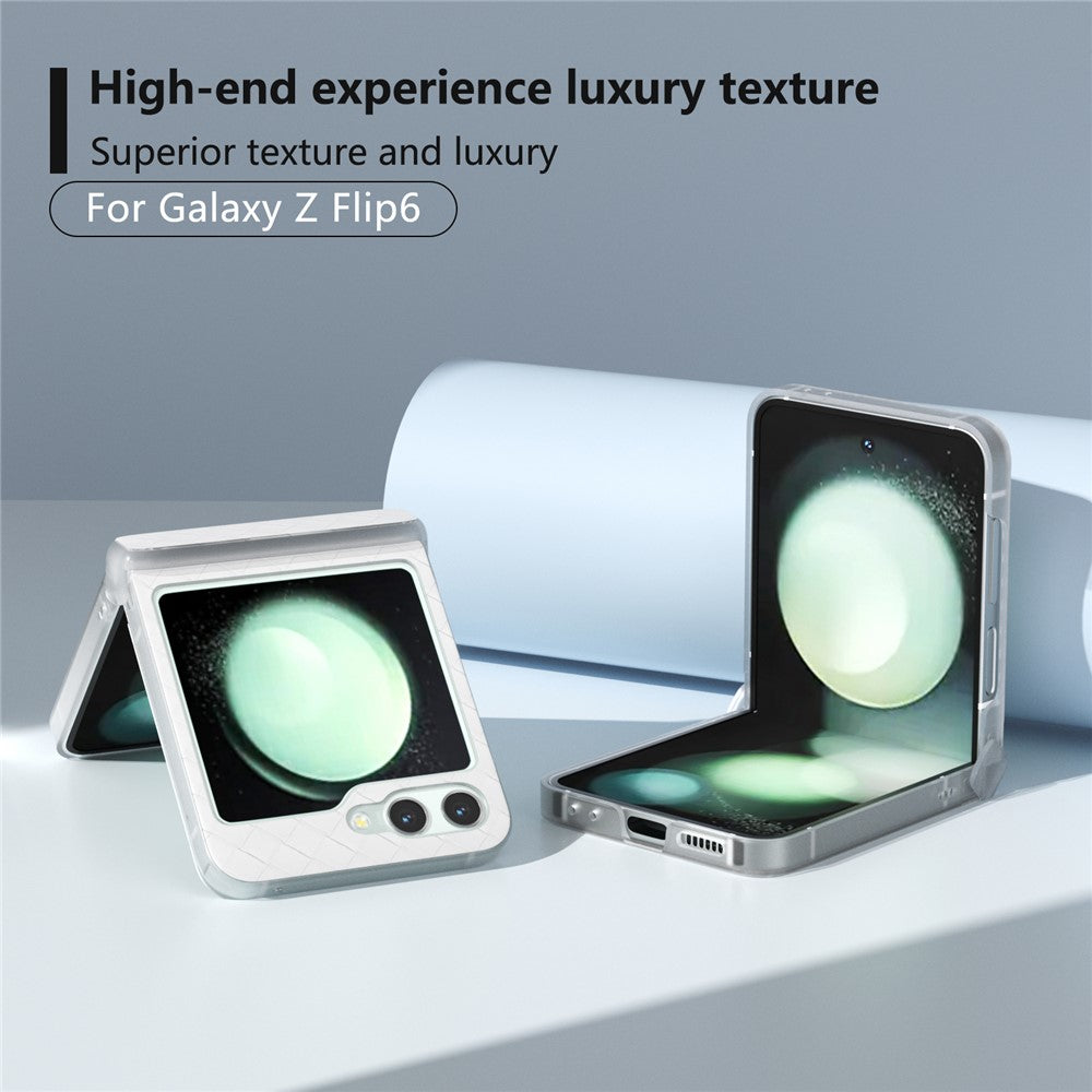 Til Samsung Galaxy Z Flip7 FE 5G / Z Flip6 5G Cover med vævet tekstur, hængselbeskyttelse, læder+PC, sammenfoldeligt telefoncover