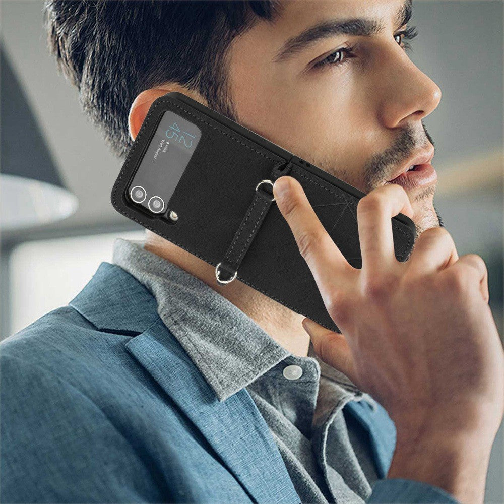 For Samsung Galaxy Z Flip4 5G Leather Case with Hand Strap Wallet Stand Phone Cover