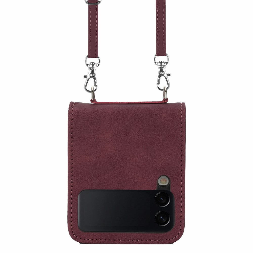 For Samsung Galaxy Z Flip4 5G Leather Case with Shoulder Strap Wallet Stand Phone Cover