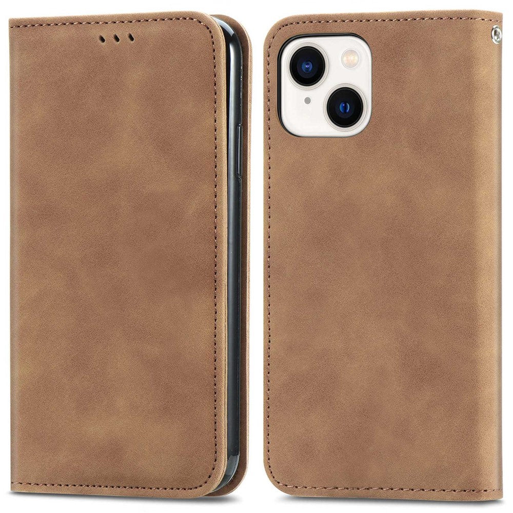 Til iPhone 14 6,1 tommer Skin-touch Følelse Retro PU Læder Telefonetui Magnetisk Selvabsorberende Telefoncover med Kortholder Stativ