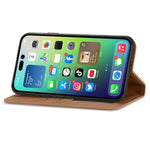 iPhone 14 på 6,1 tommer, hudvenligt retrocover i PU-læder, magnetisk, selvklæbende mobilcover med kortholder og stativ