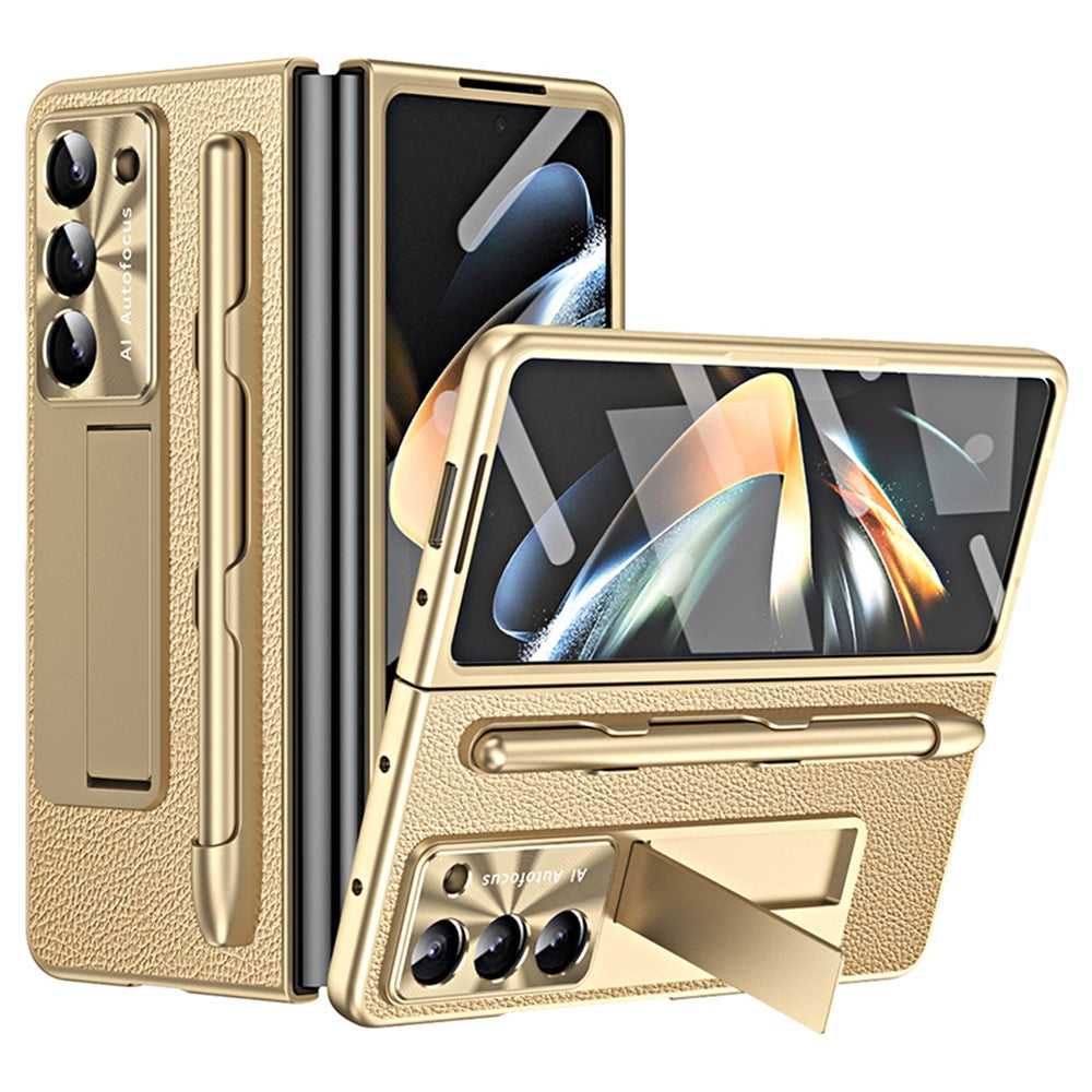 Til Samsung Galaxy Z Fold6 5G Etui Støttefod Læder+PC Hårdt Telefoncover med Skærmfilm og Stylus
