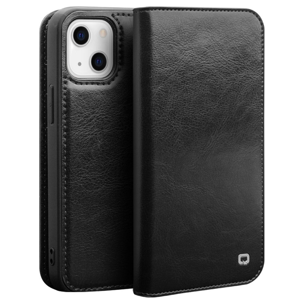 QIALINO cover til iPhone 14 6,1 tommer, faldsikkert cover med fuld beskyttelse, flip-stativ, tegnebogsetui, ægte lædercover med kortholder