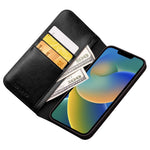 QIALINO cover til iPhone 14 6,1 tommer, faldsikkert cover med fuld beskyttelse, flip-stativ, tegnebogsetui, ægte lædercover med kortholder