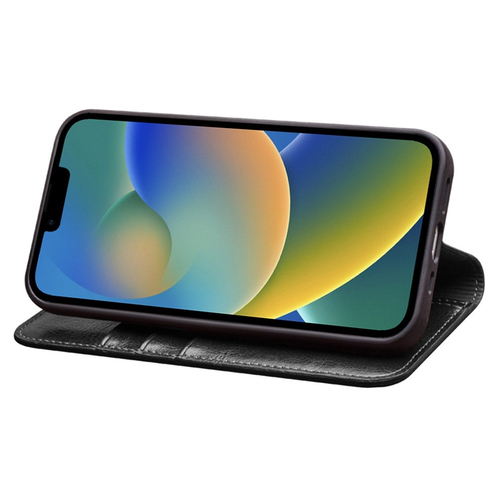 QIALINO cover til iPhone 14 6,1 tommer, faldsikkert cover med fuld beskyttelse, flip-stativ, tegnebogsetui, ægte lædercover med kortholder
