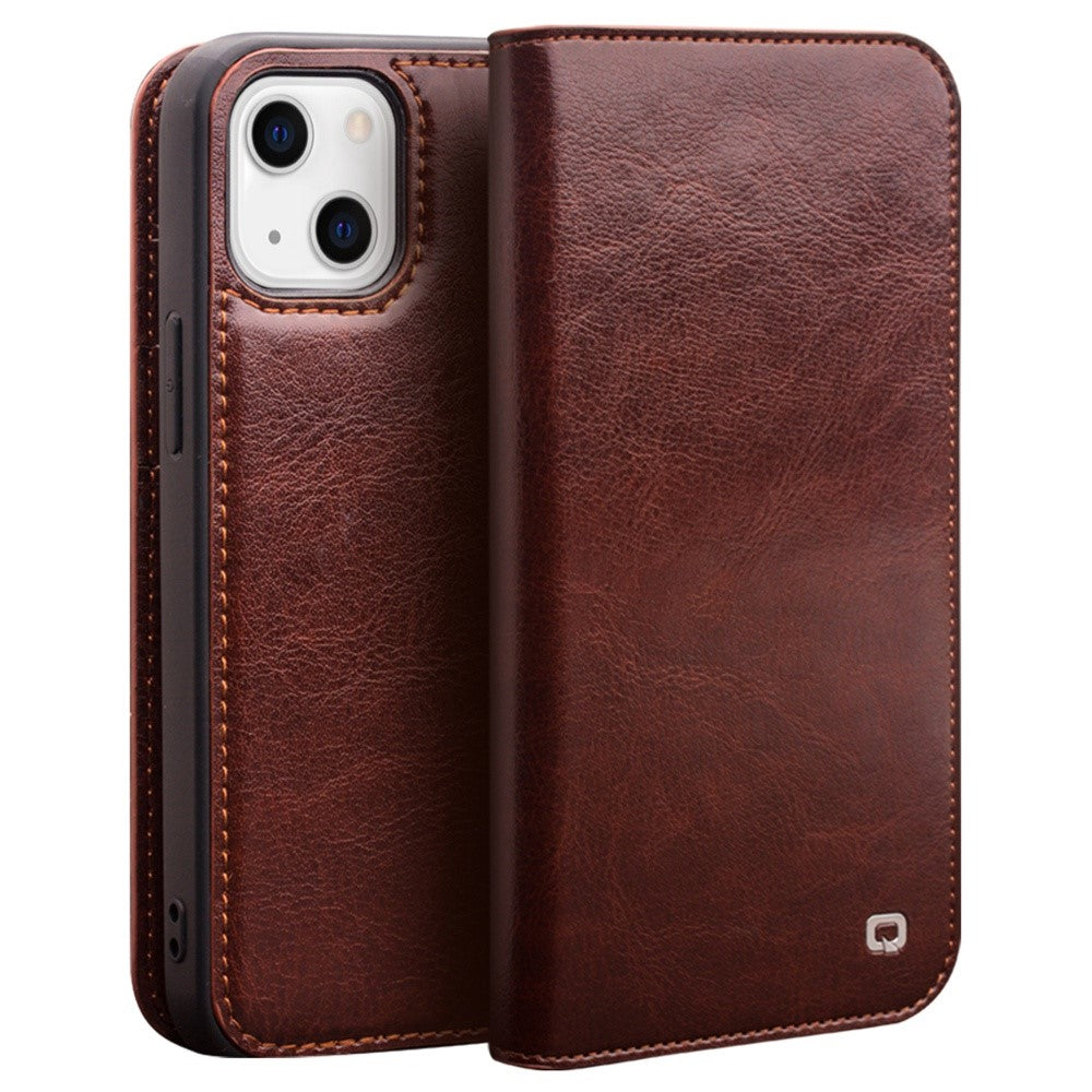 QIALINO cover til iPhone 14 6,1 tommer, faldsikkert cover med fuld beskyttelse, flip-stativ, tegnebogsetui, ægte lædercover med kortholder