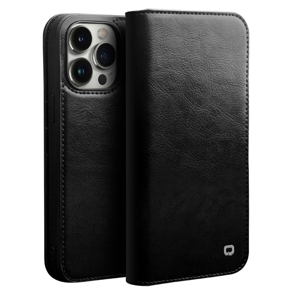 QIALINO til iPhone 14 Pro 6.1 tommer Fuld beskyttende telefoncover Flip Wallet Cover Stativ Stødsikker Ægte læder Telefoncover Kort holder