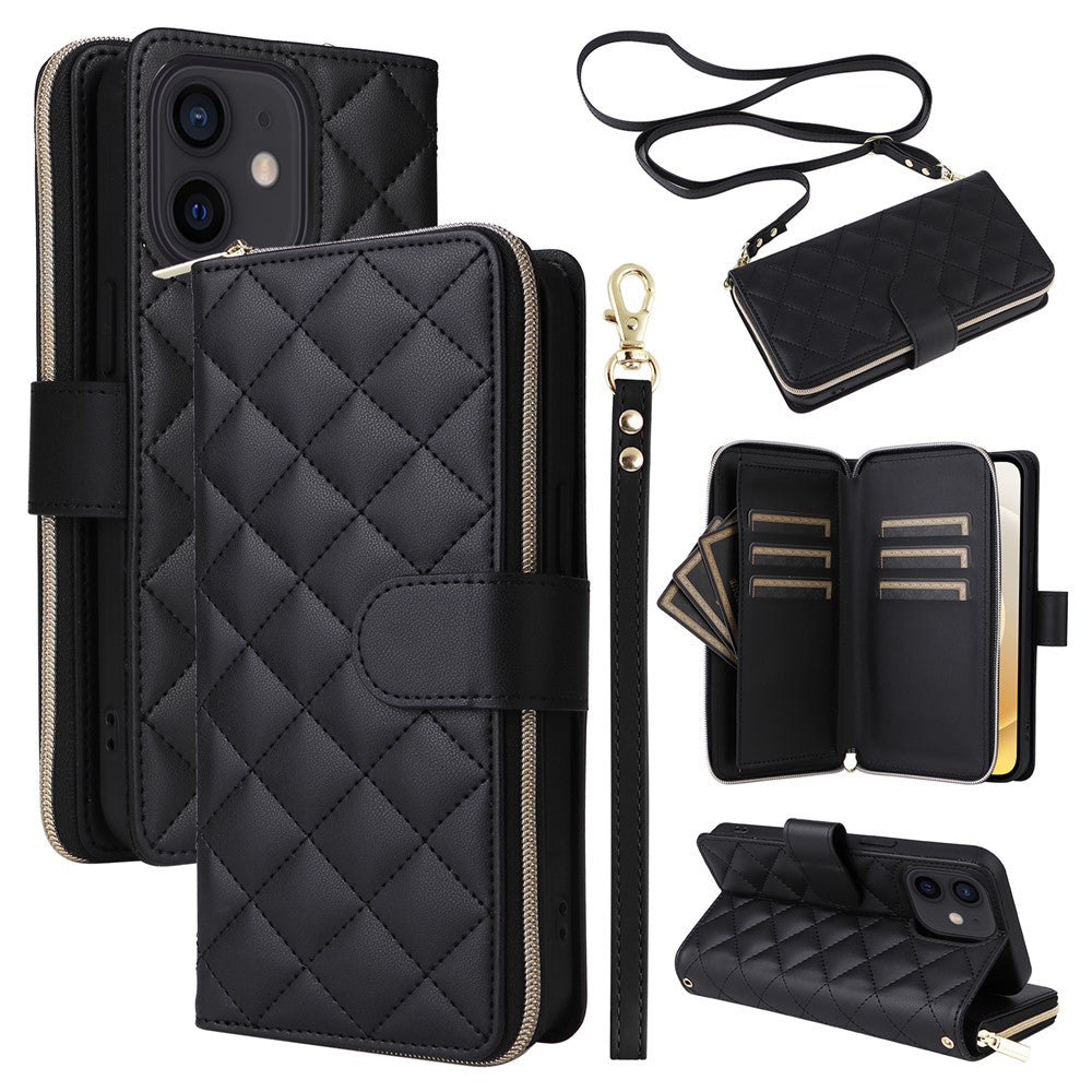 For iPhone 12 mini Zipper Wallet Case Rhombus Leather Handbag Phone Cover