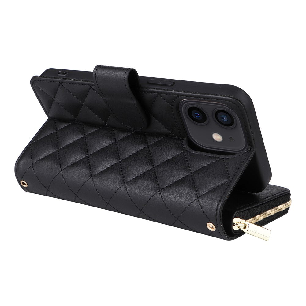 For iPhone 12 mini Zipper Wallet Case Rhombus Leather Handbag Phone Cover