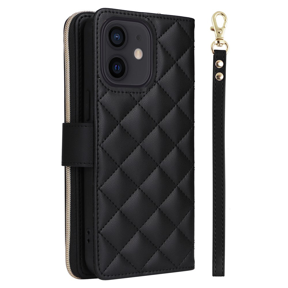 For iPhone 12 mini Zipper Wallet Case Rhombus Leather Handbag Phone Cover