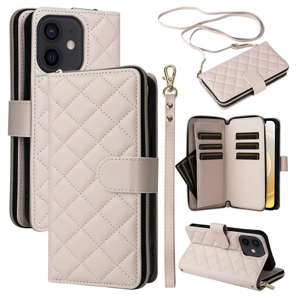 For iPhone 12 mini Zipper Wallet Case Rhombus Leather Handbag Phone Cover