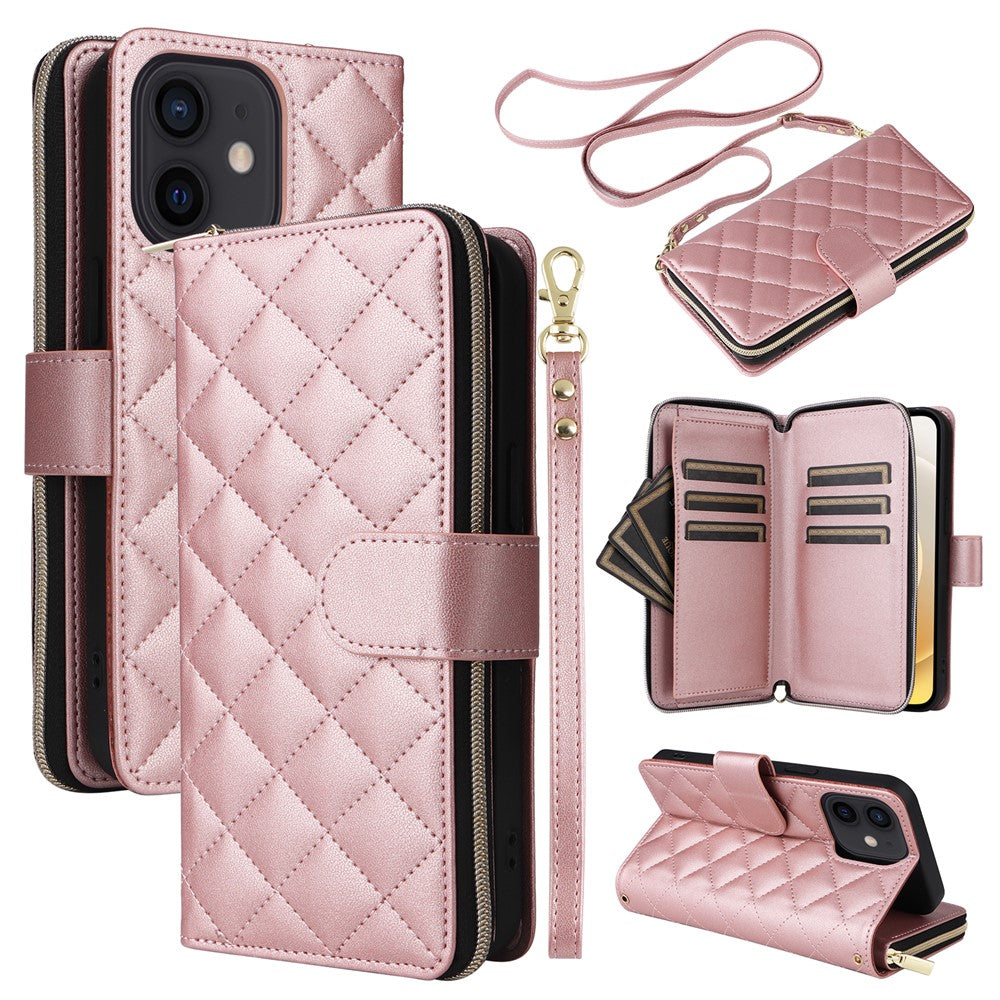 For iPhone 12 mini Zipper Wallet Case Rhombus Leather Handbag Phone Cover