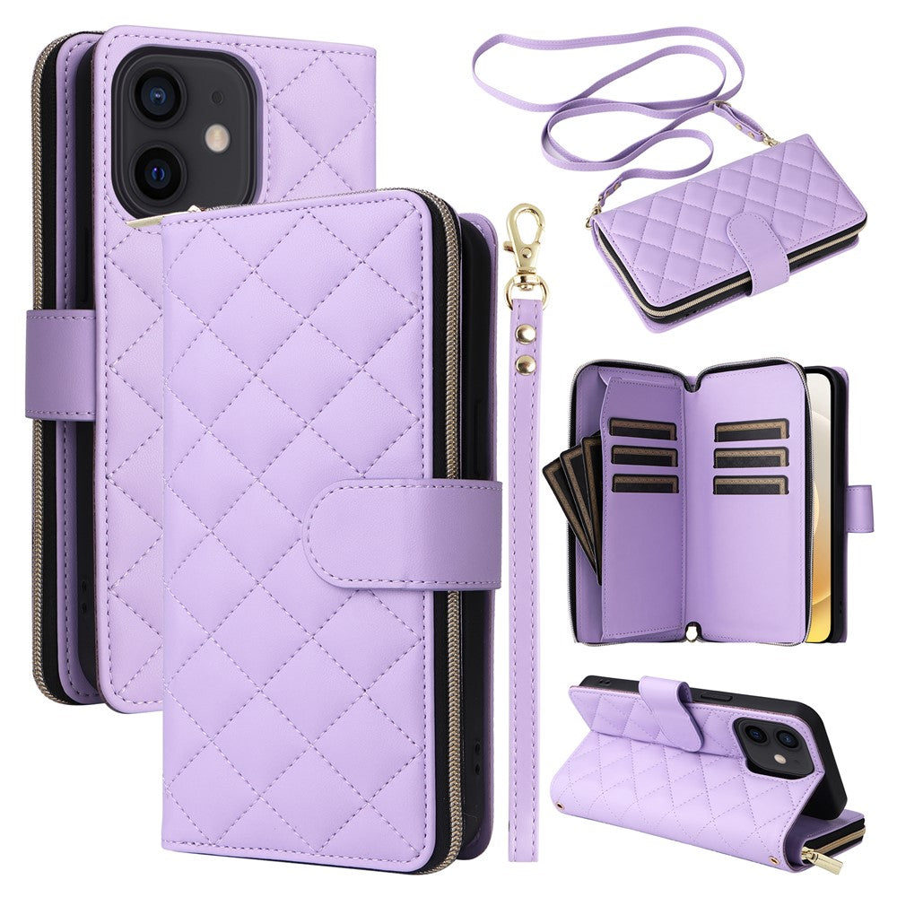 For iPhone 12 mini Zipper Wallet Case Rhombus Leather Handbag Phone Cover