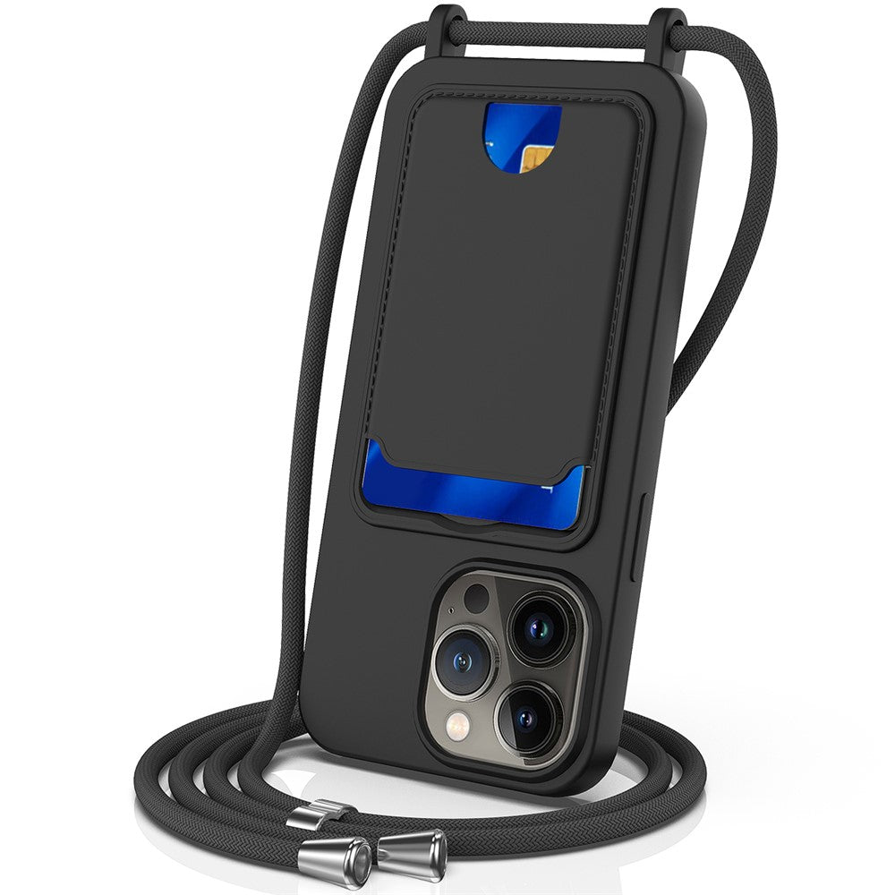 For iPhone 12 Pro Case Card Slot Liquid Silicone Phone Cover with Crossbody Strap