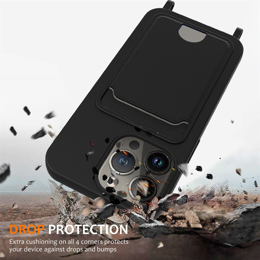 For iPhone 12 Pro Case Card Slot Liquid Silicone Phone Cover with Crossbody Strap