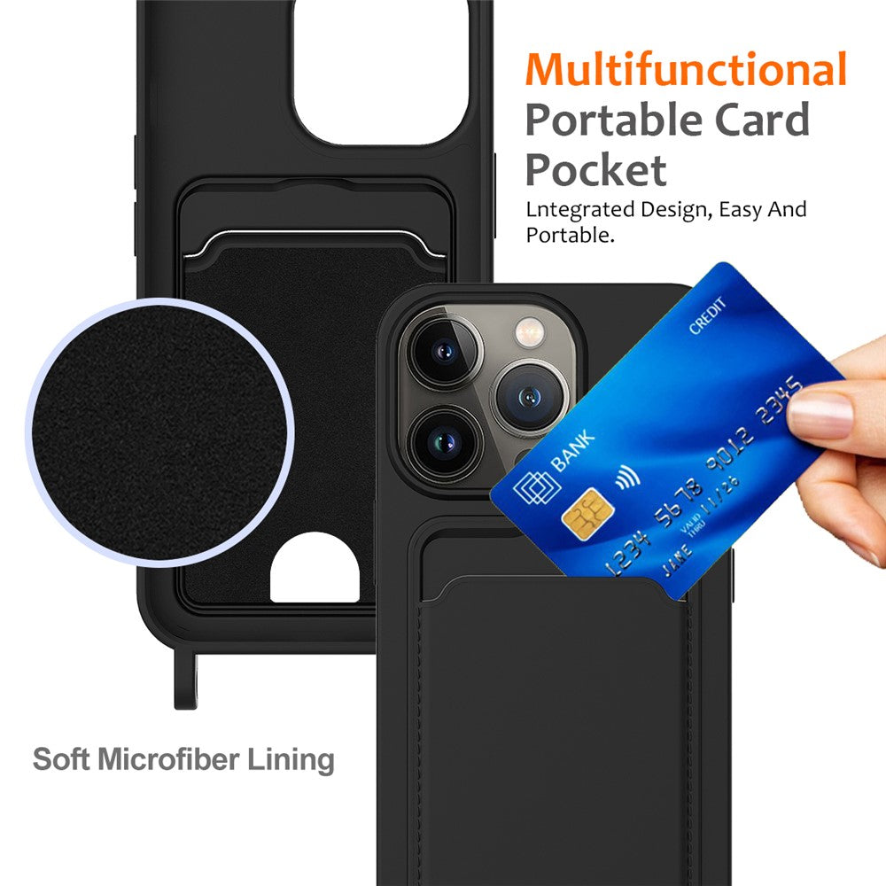 For iPhone 12 Pro Case Card Slot Liquid Silicone Phone Cover with Crossbody Strap