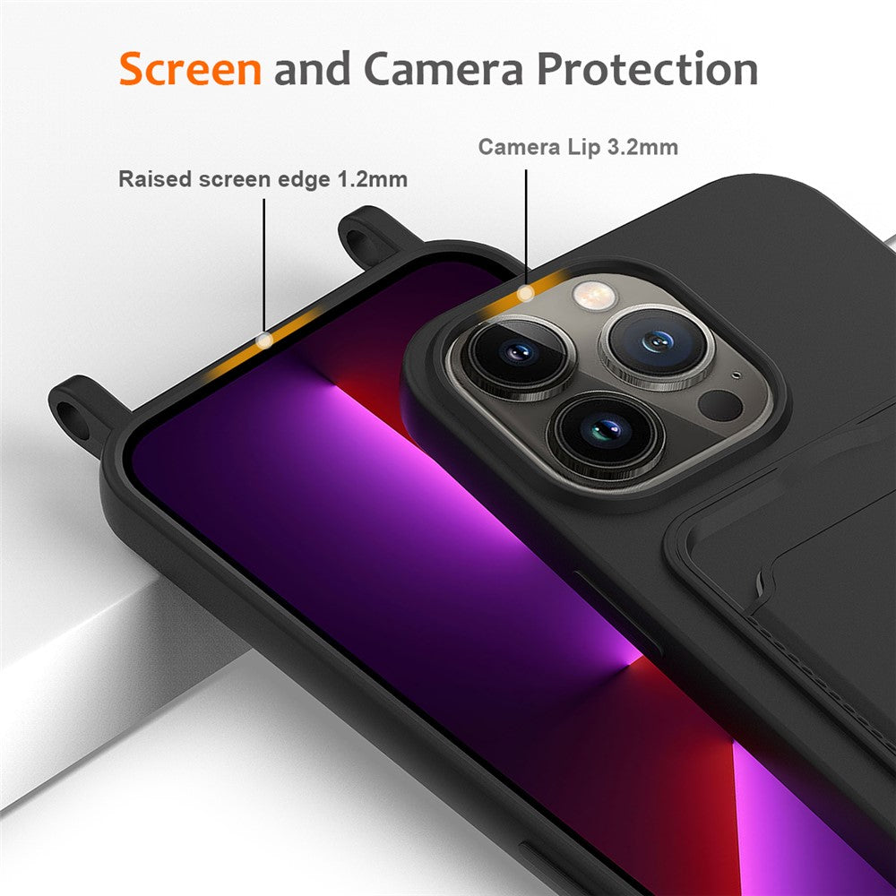 For iPhone 12 Pro Case Card Slot Liquid Silicone Phone Cover with Crossbody Strap