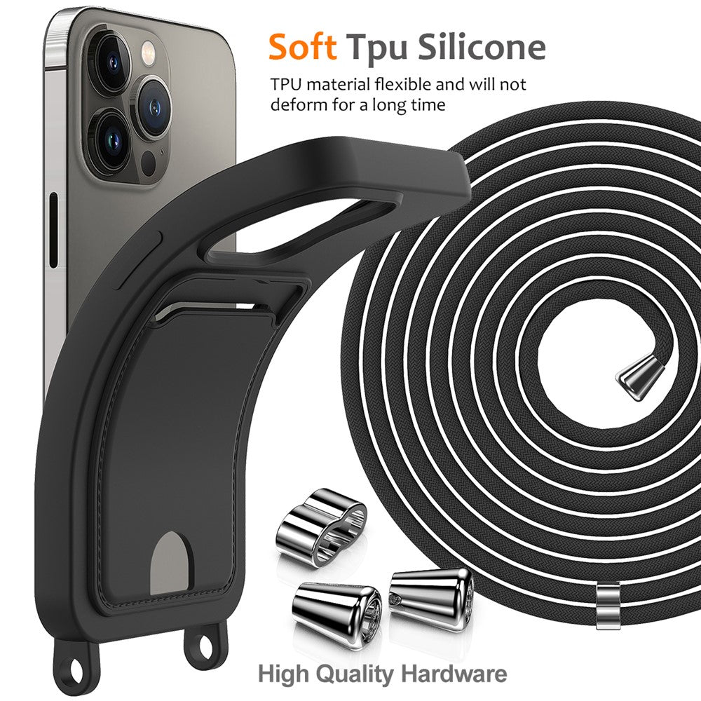 For iPhone 12 Pro Case Card Slot Liquid Silicone Phone Cover with Crossbody Strap