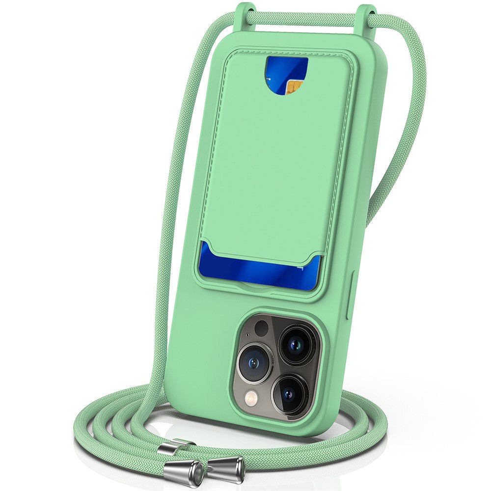 For iPhone 12 Pro Case Card Slot Liquid Silicone Phone Cover with Crossbody Strap