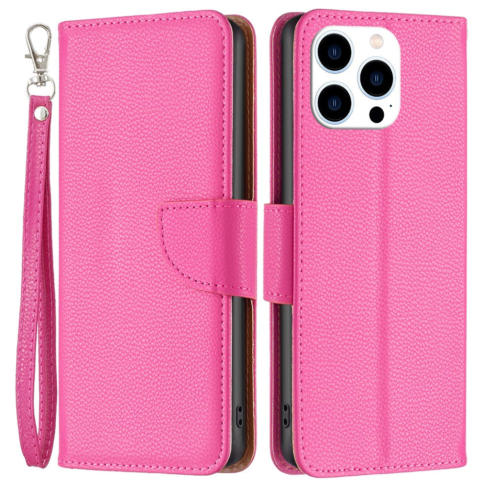 For iPhone 16 Pro Wallet Case with Wrist Strap Litchi Texture Leather Phone Stand Cover
