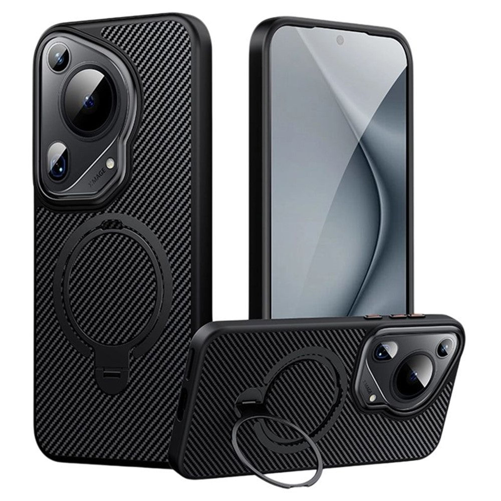Huawei Pura 70 Ultra magnetisk cover med kulfiberstruktur, PC+TPU-mobilcover med støtte