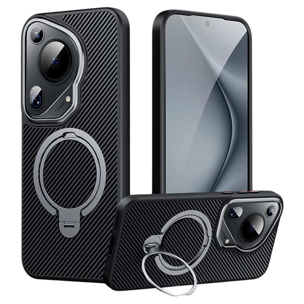 Huawei Pura 70 Ultra magnetisk cover med kulfiberstruktur, PC+TPU-mobilcover med støtte