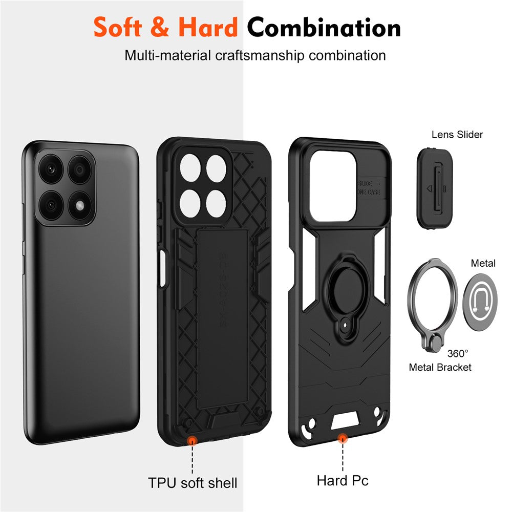 For Honor X8b 4G Case Ring Holder PC+TPU Phone Cover with Slide Lens Window