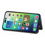 For iPhone 14 6.1 inch Anti-fall Carbon Fiber Texture RFID Blocking Phone Case Leather Coated TPU Anti-scratch Magnetic Wallet Cover Kickstand