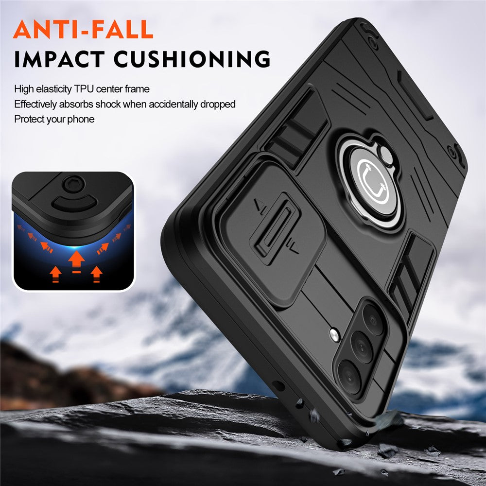 For Samsung Galaxy M54 5G / F54 5G Case Ring Kickstand PC+TPU Phone Cover with Slide Lens Guard
