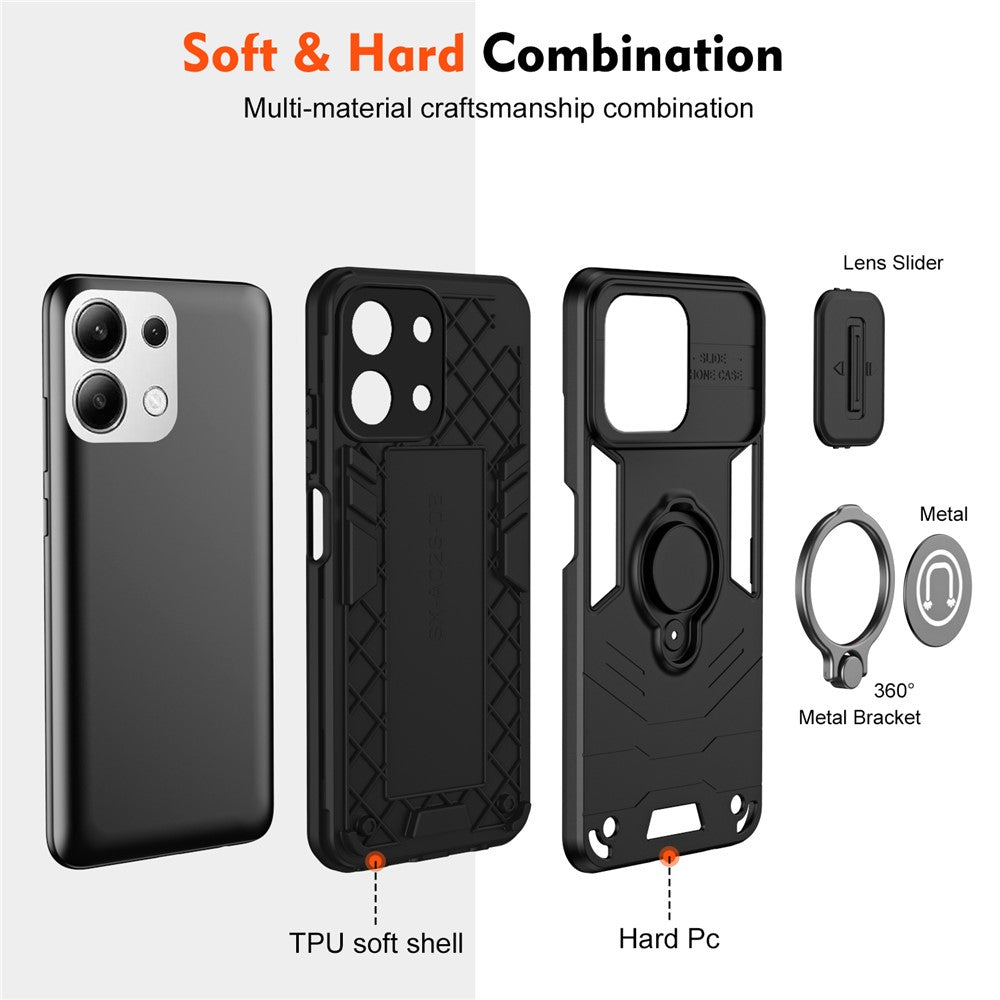 For Xiaomi Redmi Note 13 4G Case Slide Lens Lid Anti-Fall Phone Cover with Ring Kickstand