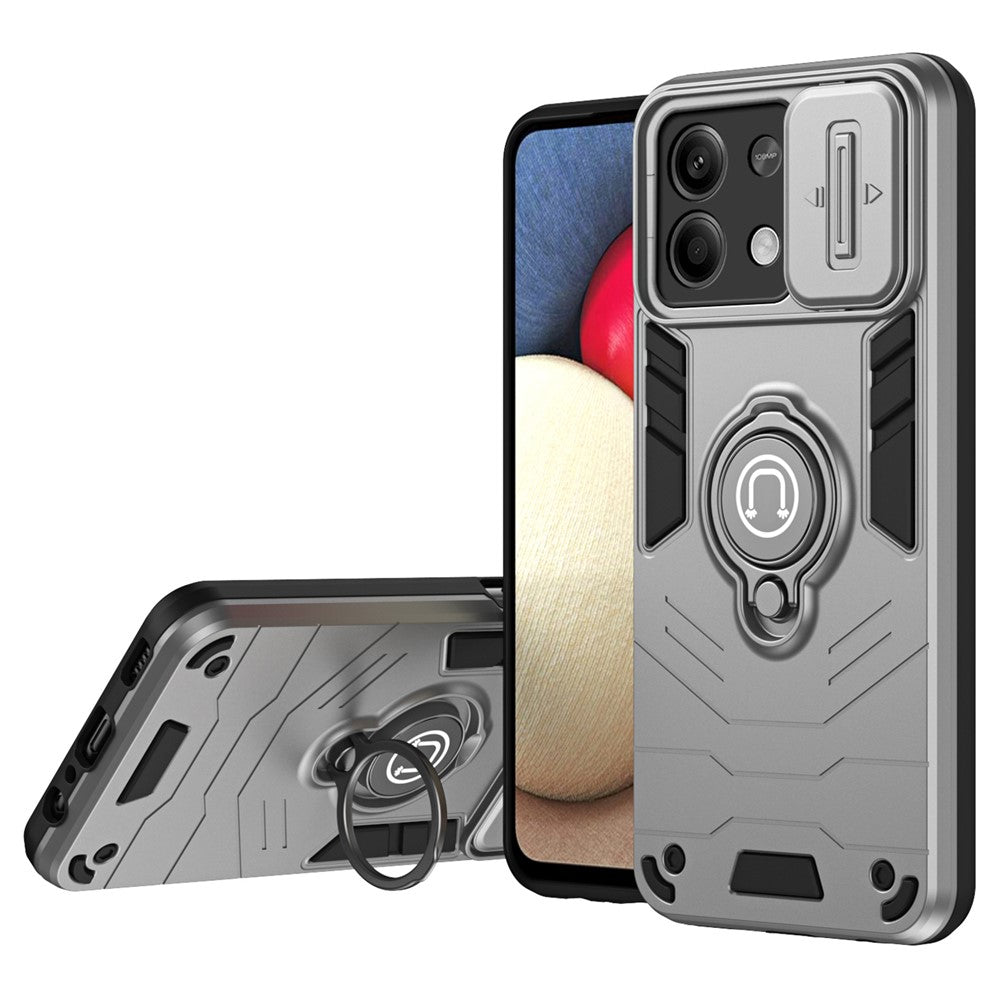 Mobilcover til Xiaomi Redmi Note 13 5G med glidende linsebeskyttelse og ringholder med stativ