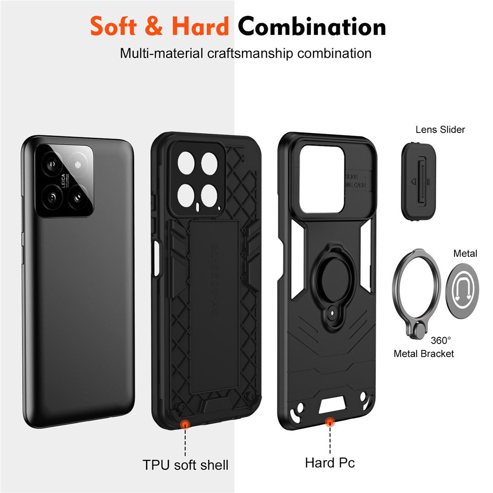 For Xiaomi 14 Case Slide Lens Lid   Cell Phone Cover with Ring Kickstand