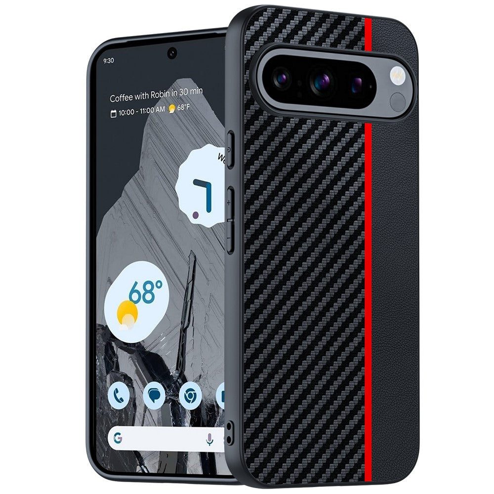 Til Google Pixel 9 Pro / Pixel 9 Etui, kulfiber-tekstur, tyndt PU-læder bagcover
