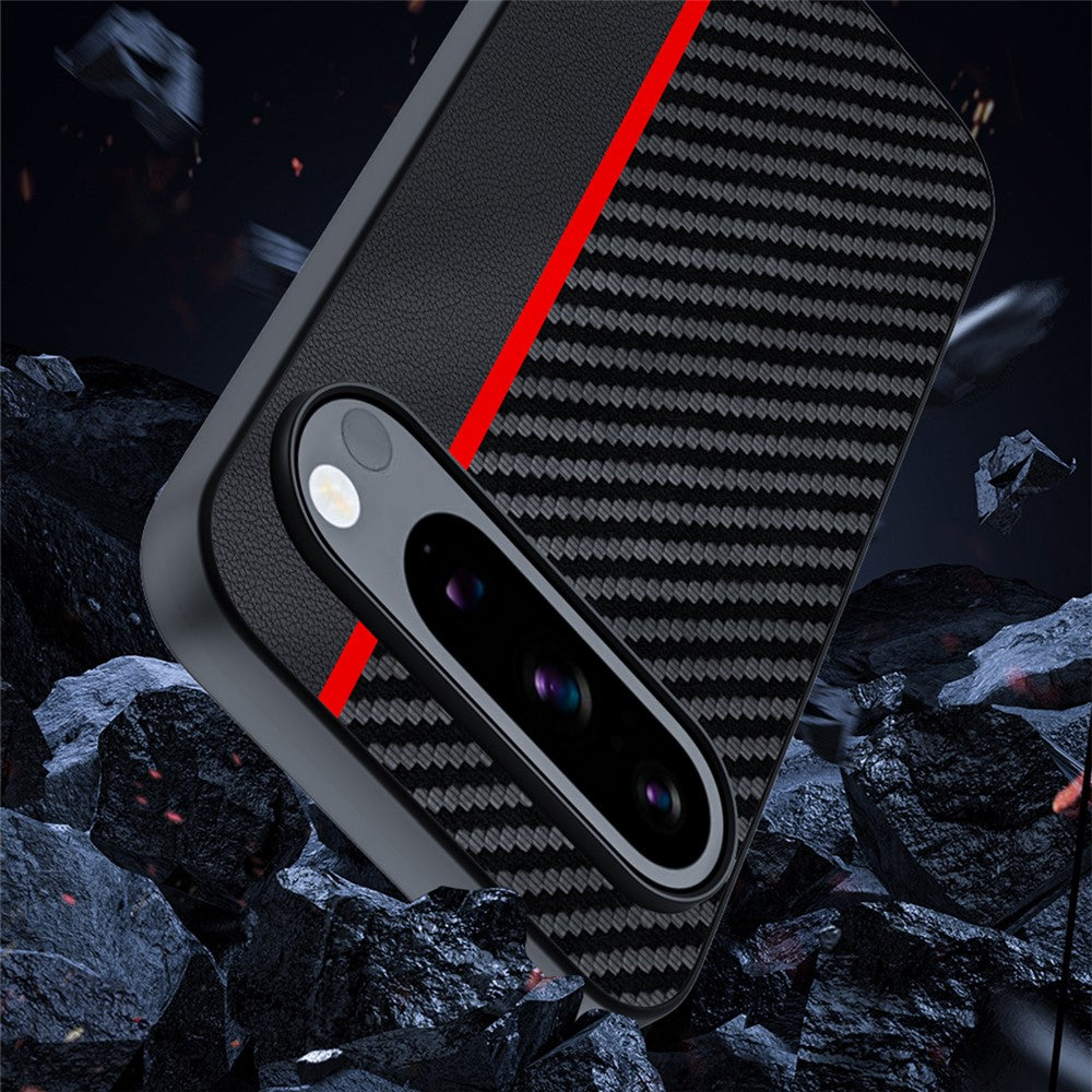 Til Google Pixel 9 Pro / Pixel 9 Etui, kulfiber-tekstur, tyndt PU-læder bagcover