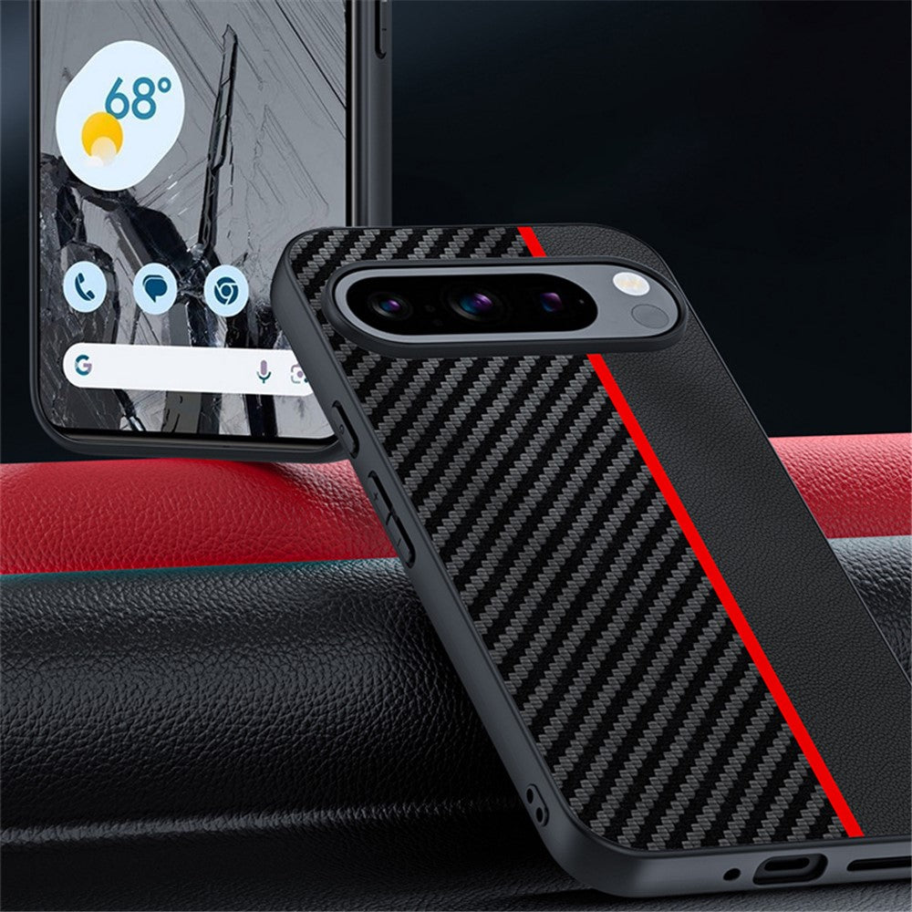 Til Google Pixel 9 Pro / Pixel 9 Etui, kulfiber-tekstur, tyndt PU-læder bagcover