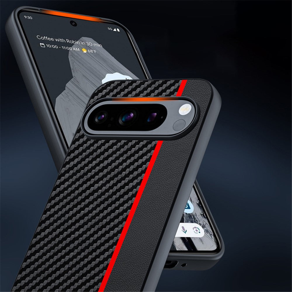 Til Google Pixel 9 Pro / Pixel 9 Etui, kulfiber-tekstur, tyndt PU-læder bagcover
