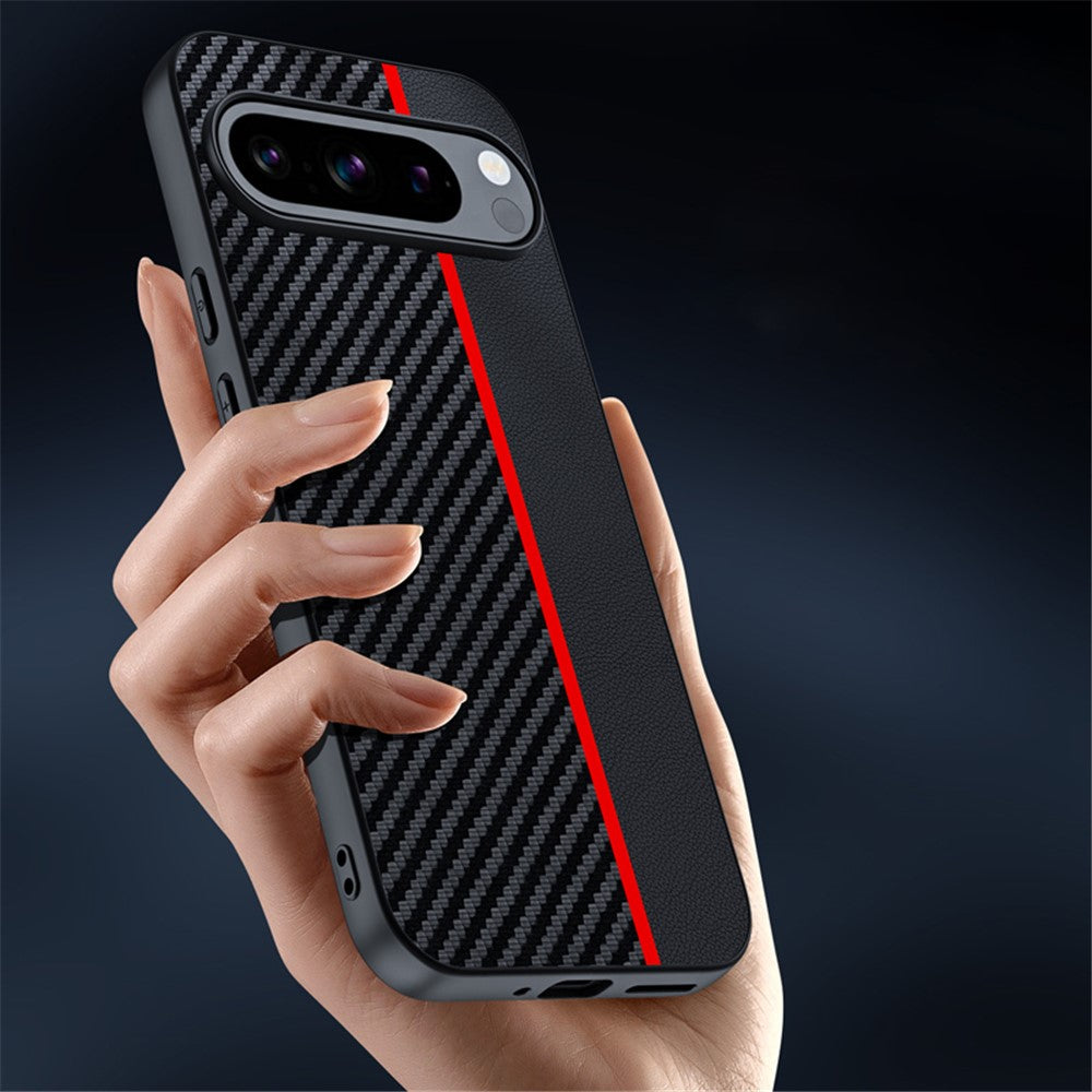Til Google Pixel 9 Pro / Pixel 9 Etui, kulfiber-tekstur, tyndt PU-læder bagcover