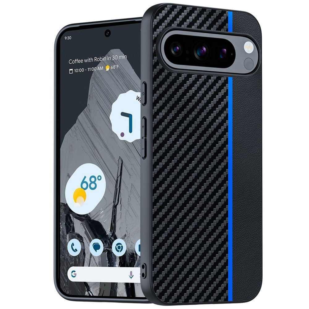 Til Google Pixel 9 Pro / Pixel 9 Etui, kulfiber-tekstur, tyndt PU-læder bagcover