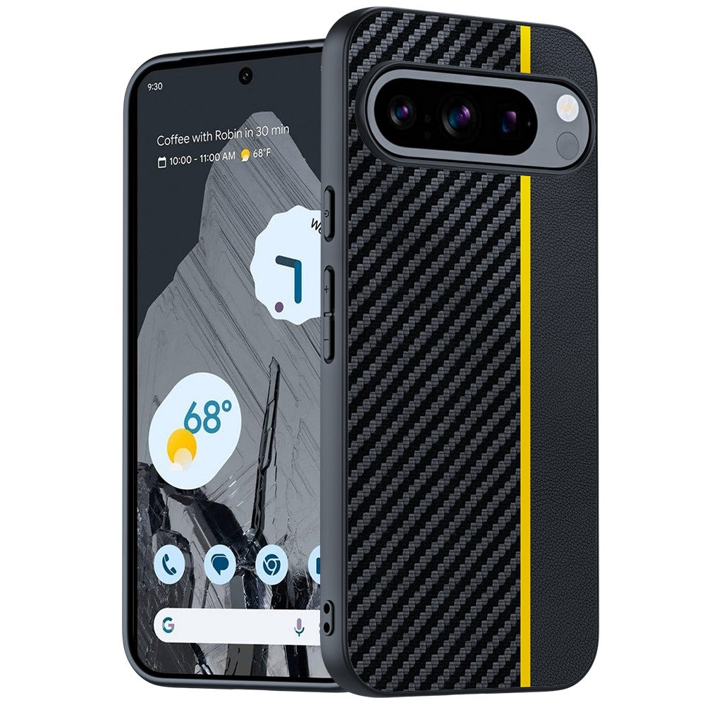 Til Google Pixel 9 Pro / Pixel 9 Etui, kulfiber-tekstur, tyndt PU-læder bagcover