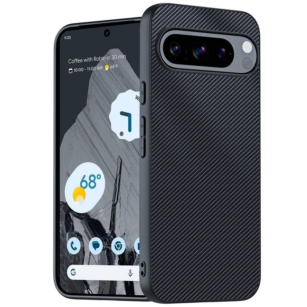 Til Google Pixel 9 Pro / Pixel 9 Etui, kulfiber-tekstur, tyndt PU-læder bagcover