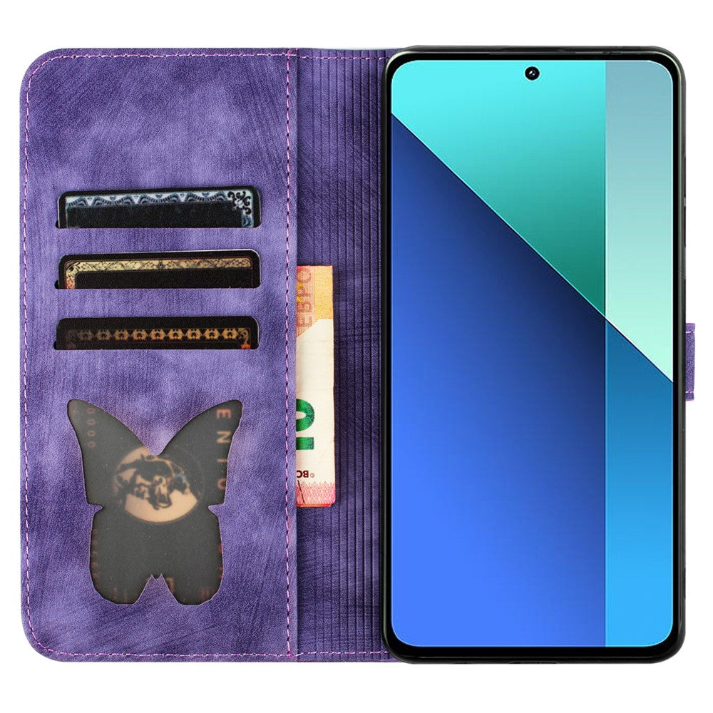Xiaomi Redmi Note 13 4G-skal PU-lädermobilskydd fjärilskattmönster